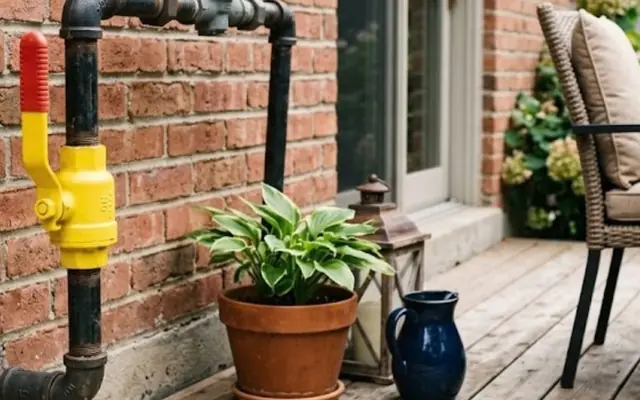 A gas meter and shutoff valve on a brick exterior wall