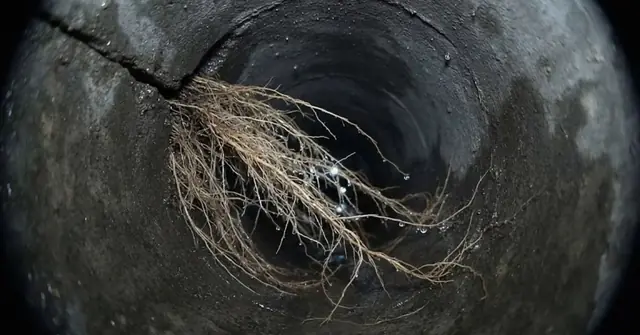Tree roots seen inside a sewer pipe by camera