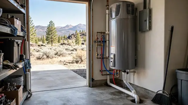 A heat pump water heater installed in a garage