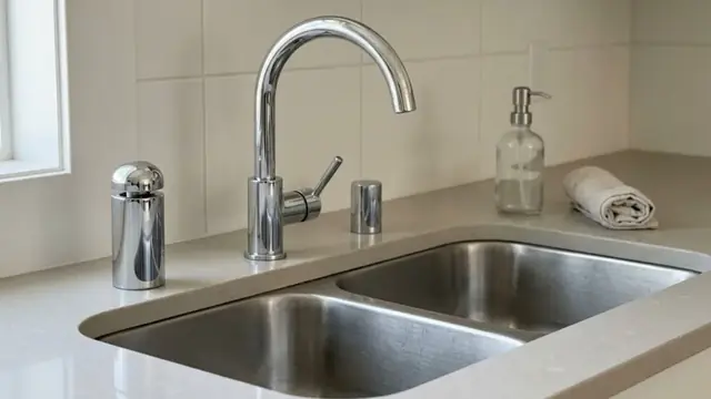 A double kitchen sink with a chrome faucet and air gap