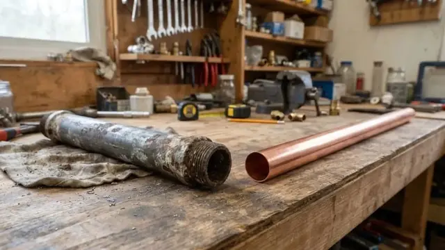 An old galvanized pipe beside a new copper pipe
