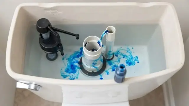 Open toilet tank with blue dye showing a flapper leak