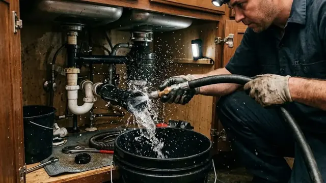 A plumber clearing a sink drain trap over a bucket