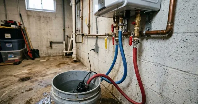 A tankless water heater with service valves and a flush bucket
