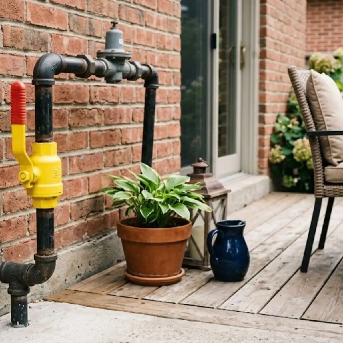 A gas meter and shutoff valve on a brick exterior wall