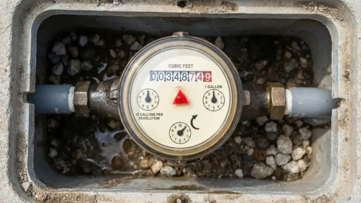A residential water meter inside its meter box with the dial and low-flow indicator visible
