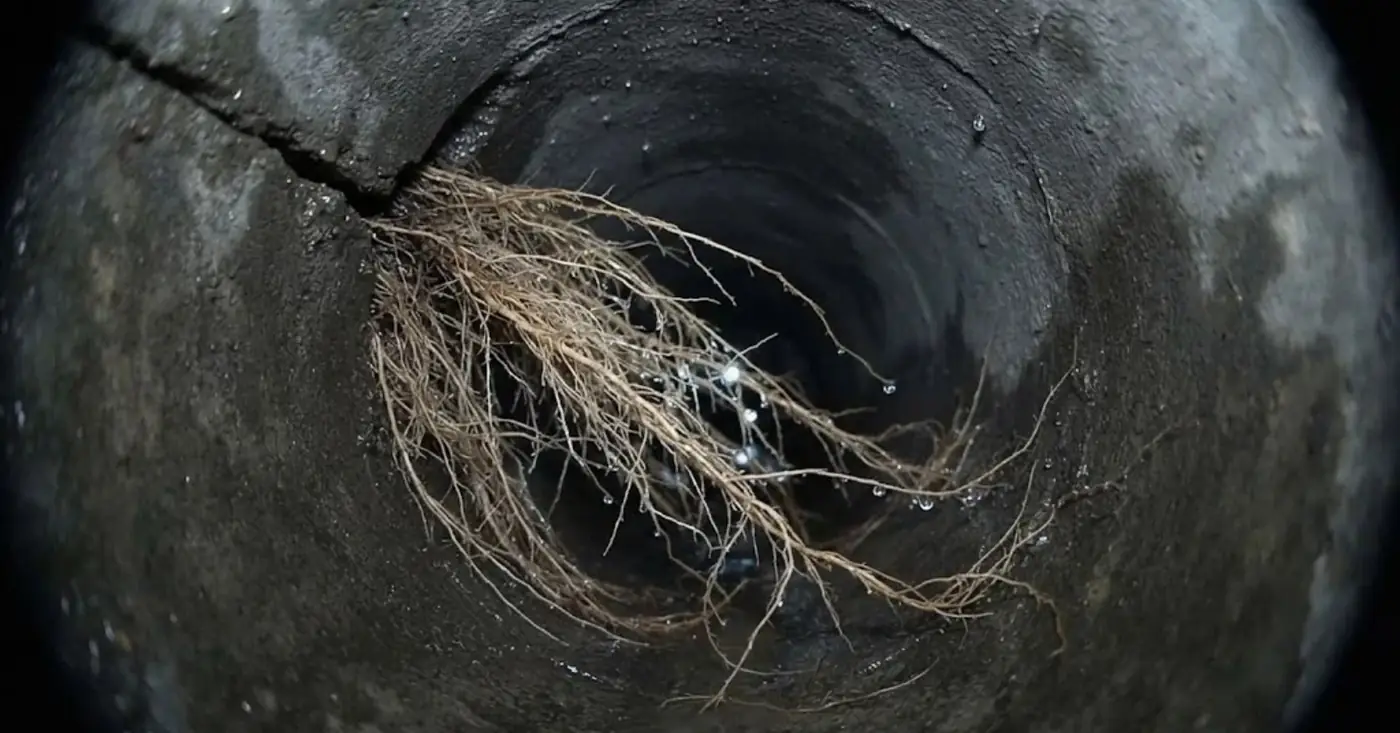 Tree roots seen inside a sewer pipe by camera
