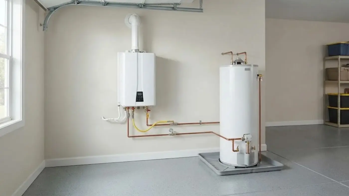 A wall-mounted tankless water heater beside a tank water heater