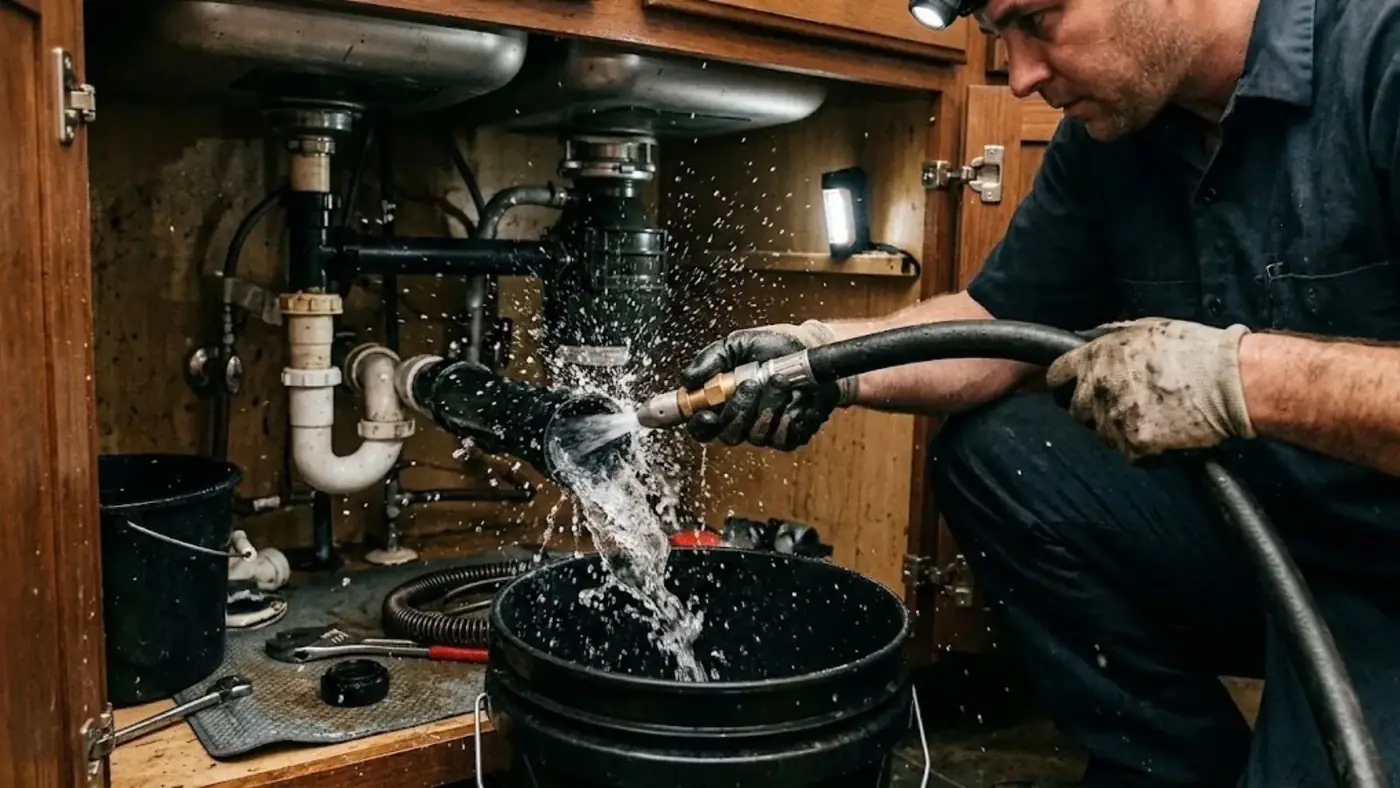 A plumber clearing a sink drain trap over a bucket