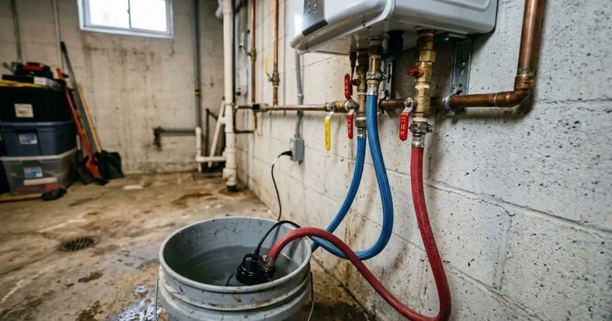 A tankless water heater with service valves and a flush bucket