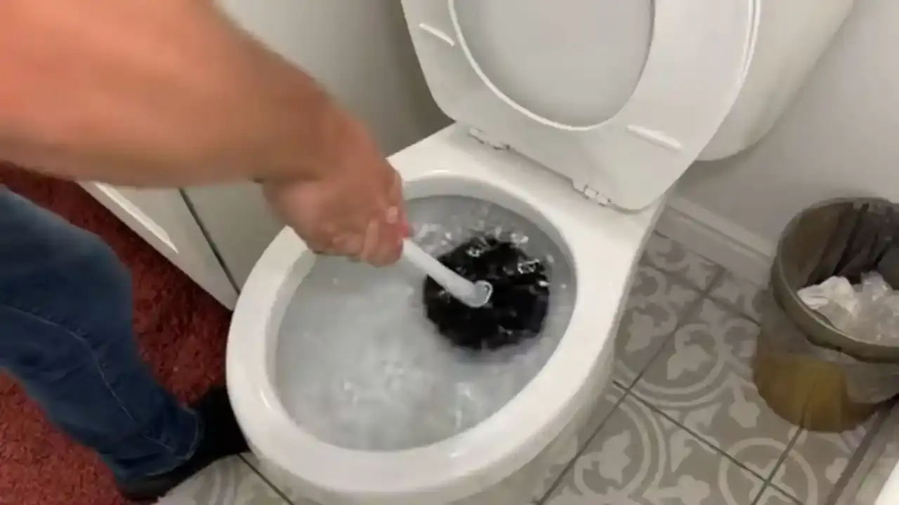 A hand using a toilet brush in a bowl