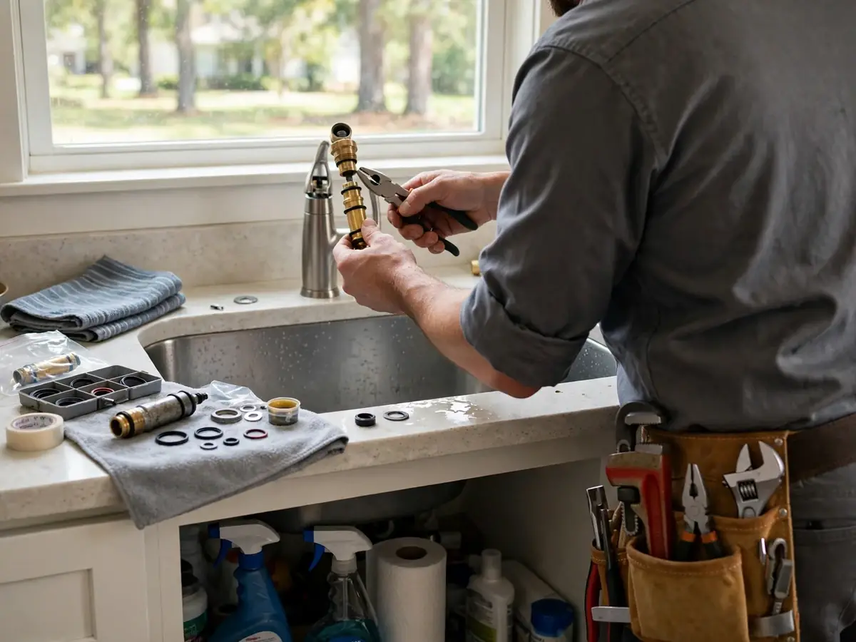 A technician replacing a faucet cartridge at a kitchen sink with parts laid out on a towel