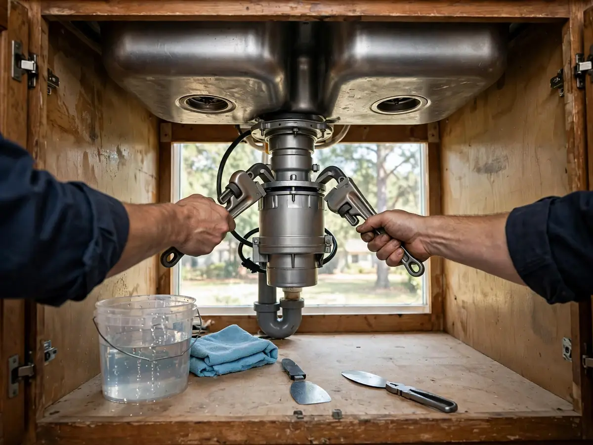 Two hands using wrenches on a garbage disposal mounted under a double kitchen sink