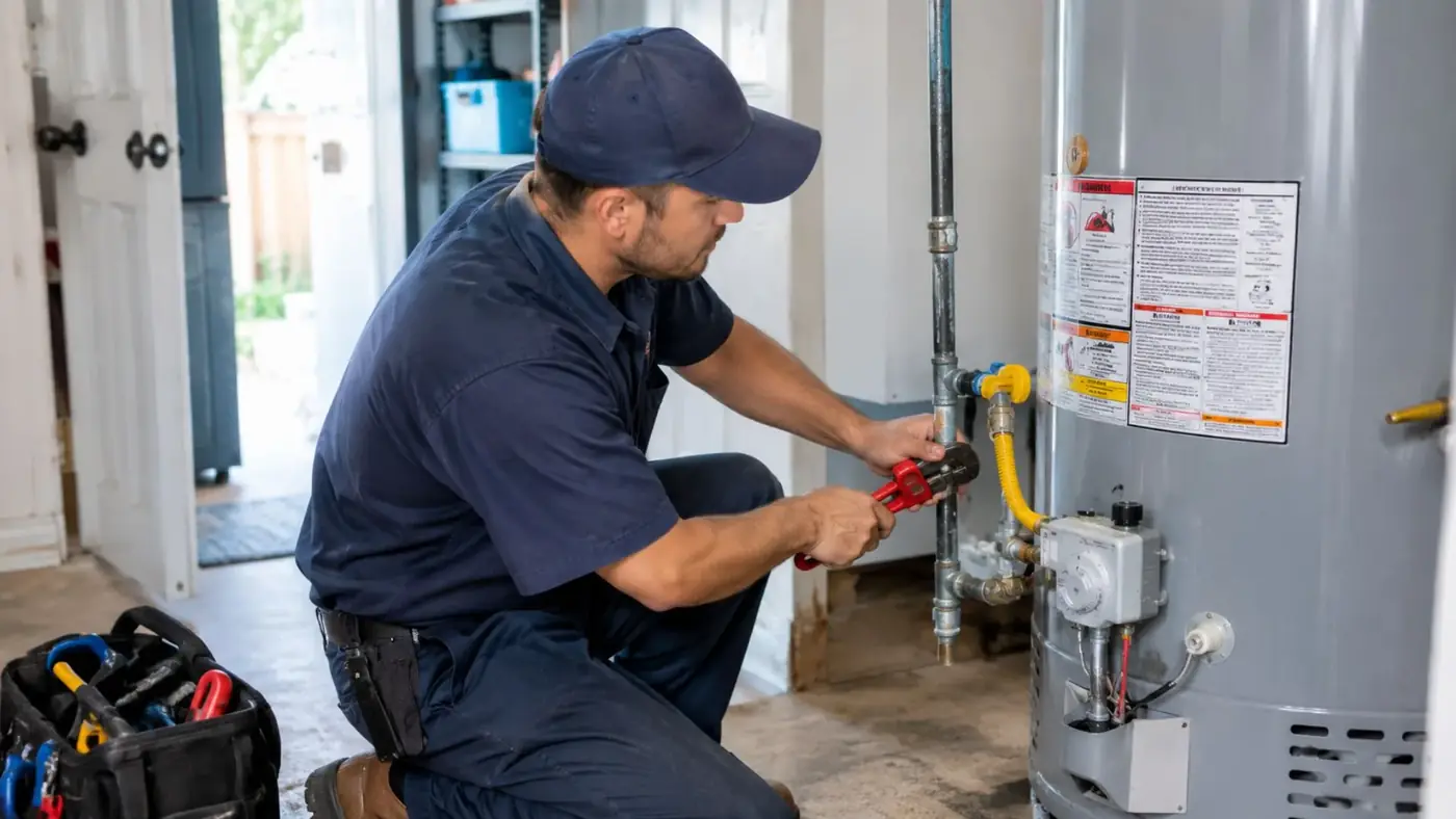 A plumber in a cap kneeling beside a gas water heater with a tool bag at his side
