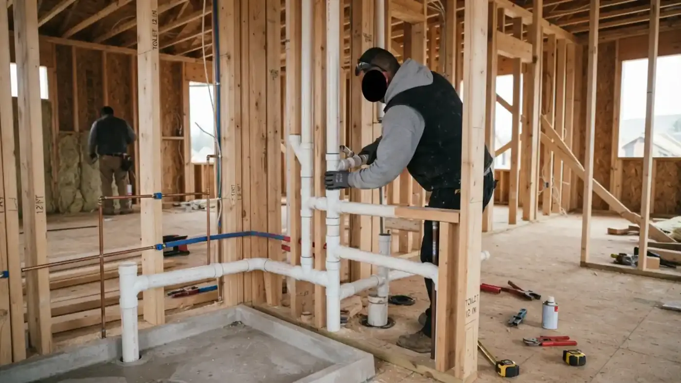 A plumber working on drain and vent pipes in a framed new bathroom