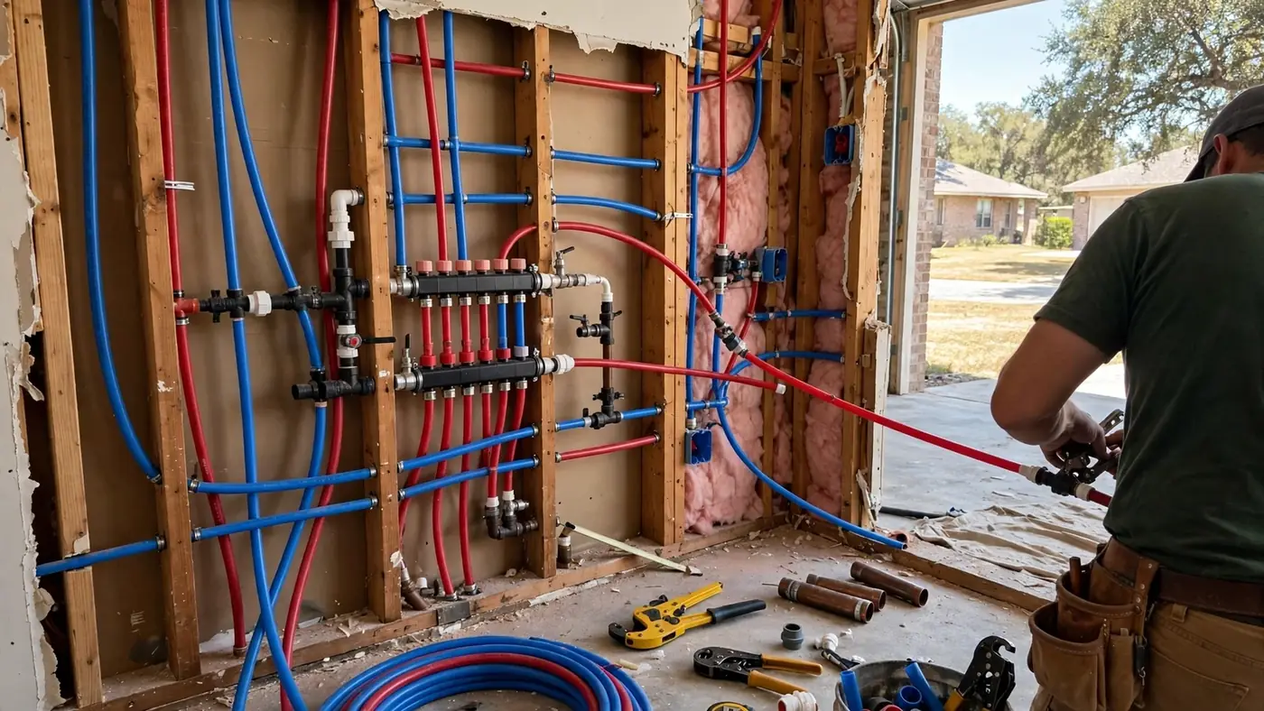 An open wall showing new red and blue PEX supply lines running to a manifold