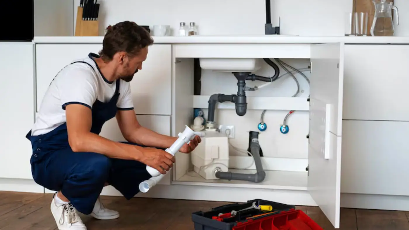 A plumber kneeling at an open sink cabinet to check the drain trap