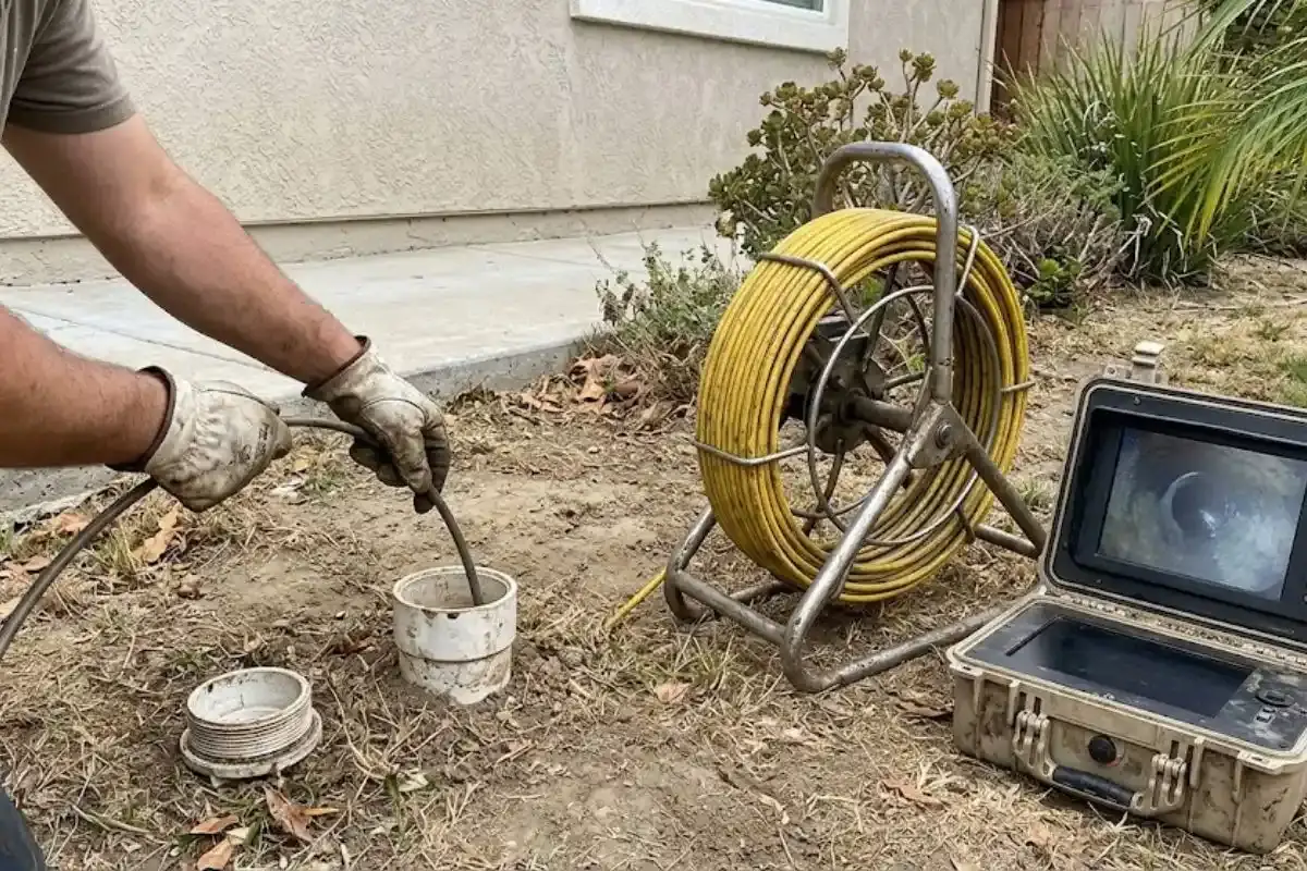 A technician feeding a camera cable into a sewer cleanout beside a house with the reel and monitor nearby