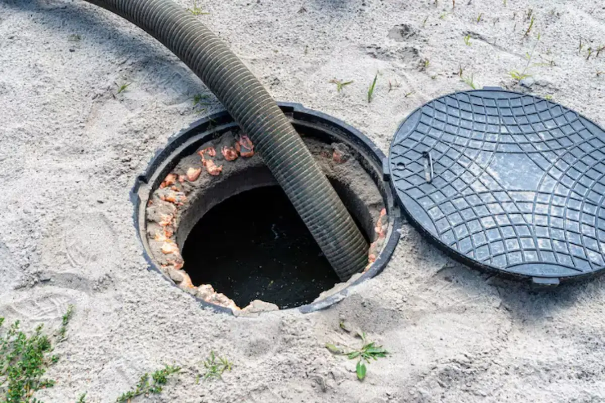 A drain hose running into an open sewer cleanout with the lid set beside it