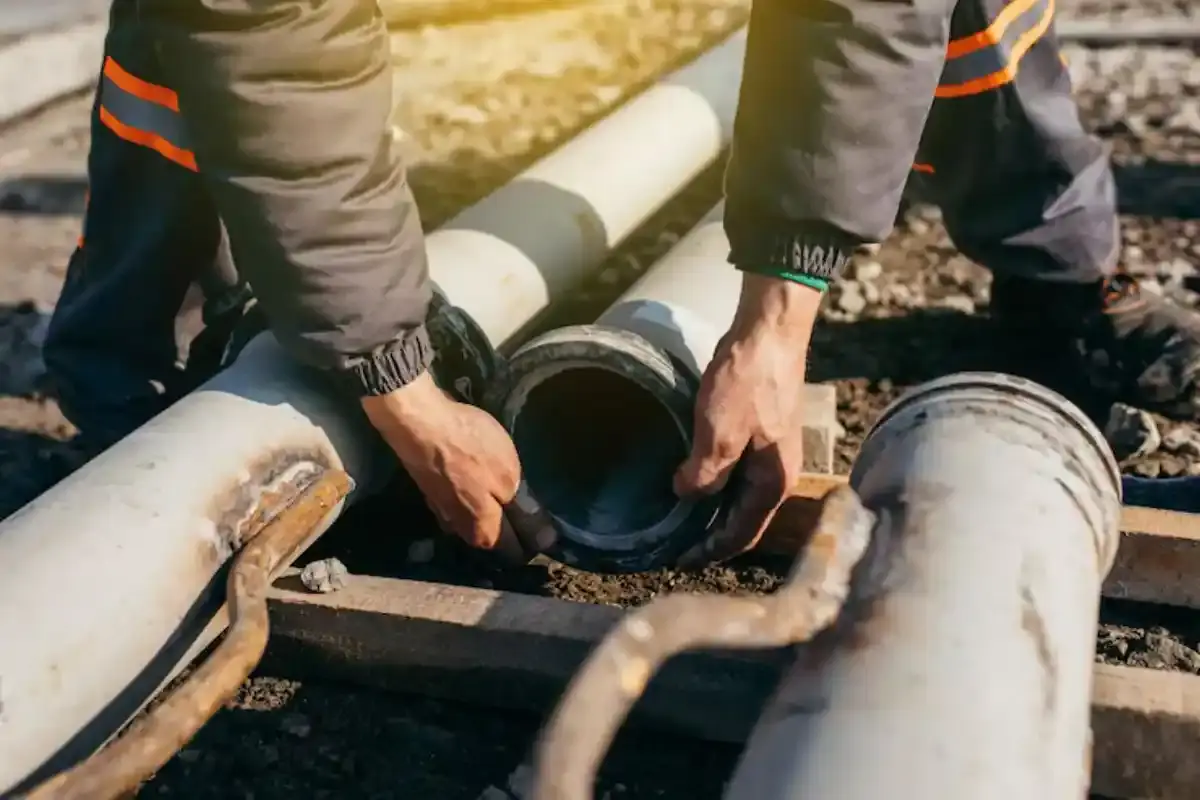 Gloved hands fitting a coupling between sections of sewer pipe in an excavation