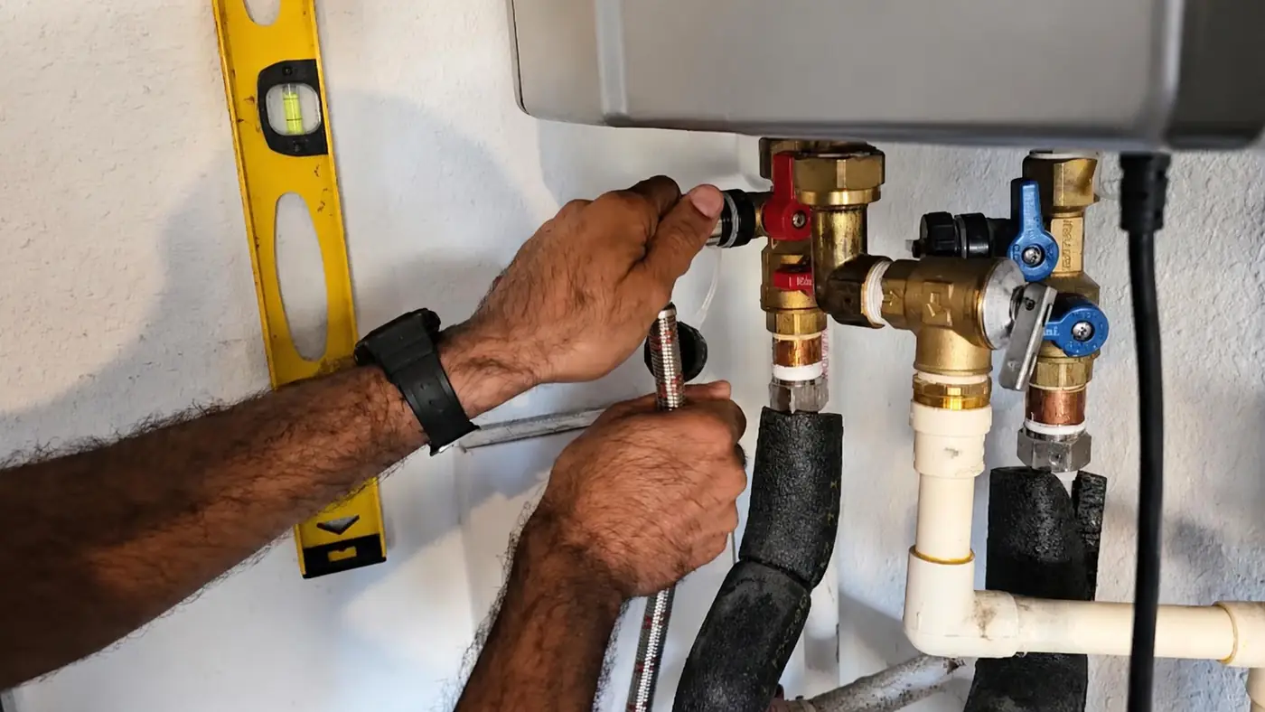 Hands adjusting the service valves and relief line below a wall-mounted tankless water heater