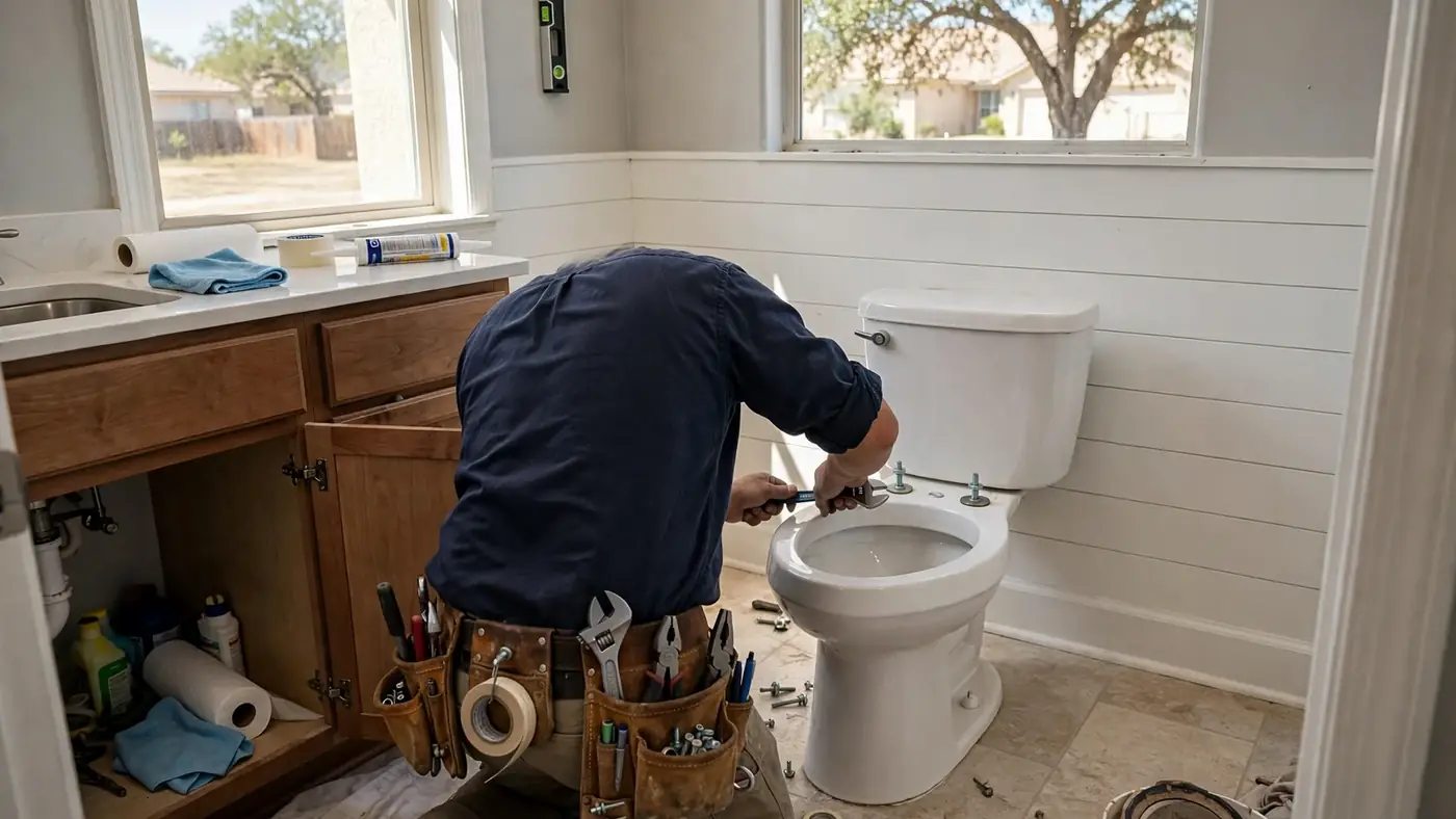 A plumber with a tool belt kneeling beside a toilet in a bathroom