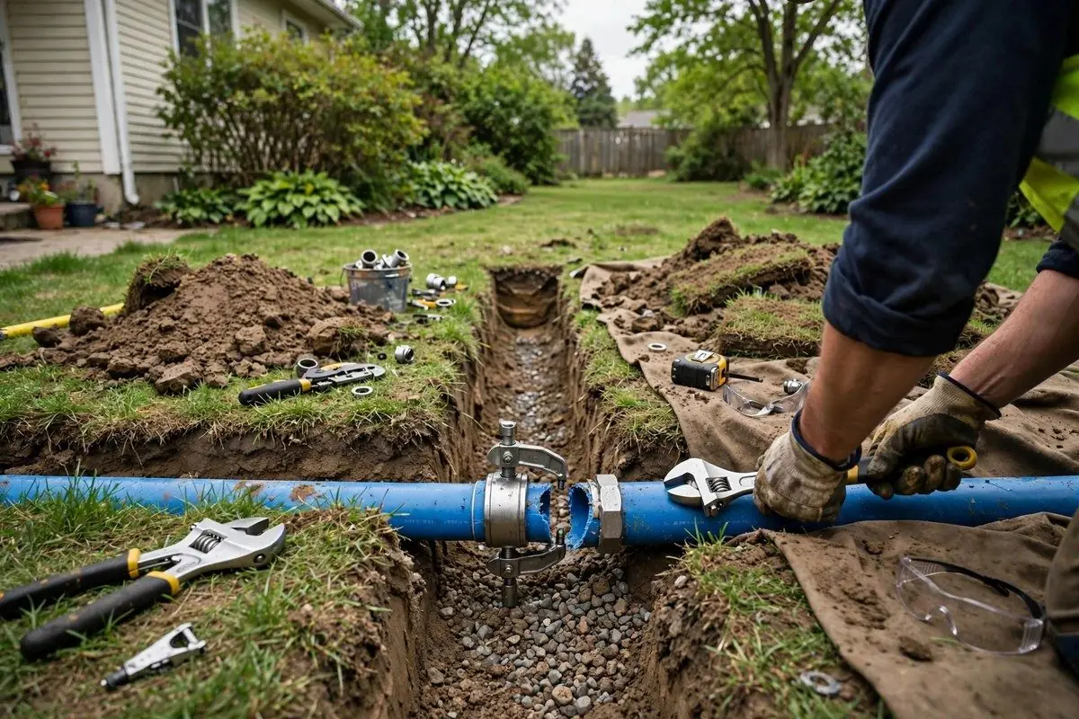 A plumber working on a blue water service line laid in an open yard trench
